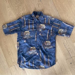 WOOLRICH Mens M 100% Cotton Fishing Village Palm Trees Tropical Vacation